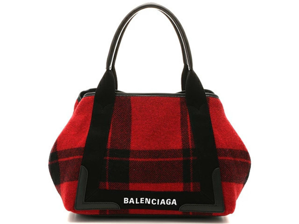 Balenciaga Bag Navy Blue Tote Cabas Check Red Wool